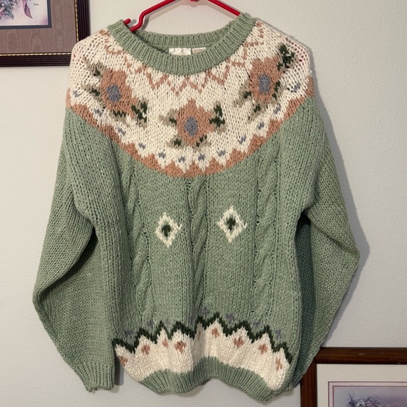 Vintage Sweaters - Green and Pink Vintage Grannycore Ramie Cotton Floral Sweater women’s Medium